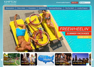 Bird's eye view of couple sitting by a blue swimming pool from Kimpton home page