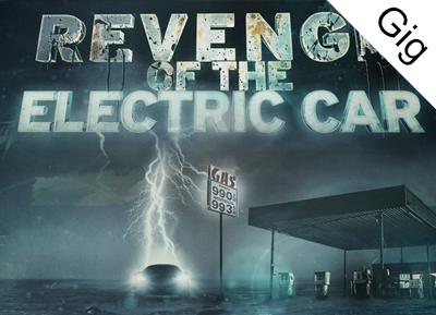 Movie poster of electric car with lighting hitting gas station