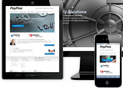 Three screens showing responsive PayPros site with picture of big vault